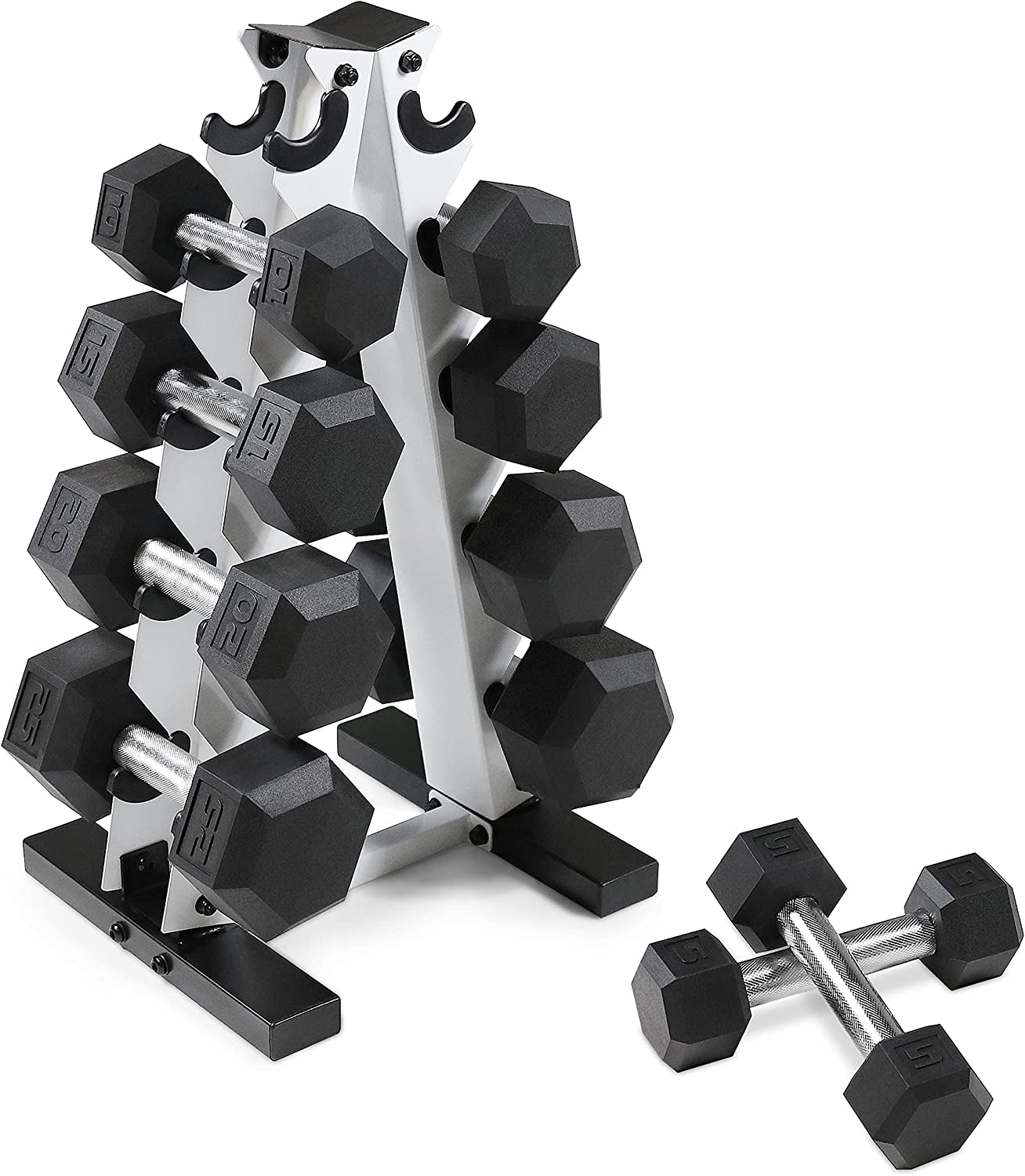 Rubber Coated Hex Dumbbell Set (5-25 lbs) with Storage Rack - Non-Slip Design for Muscle Toning, Strength Training, and Weight Management - Various Options Available