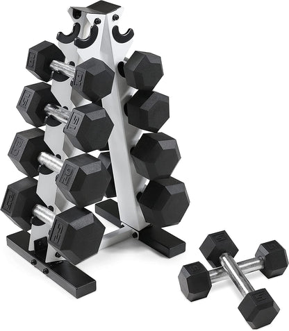 Rubber Coated Hex Dumbbell Set (5-25 lbs) with Storage Rack - Non-Slip Design for Muscle Toning, Strength Training, and Weight Management - Various Options Available
