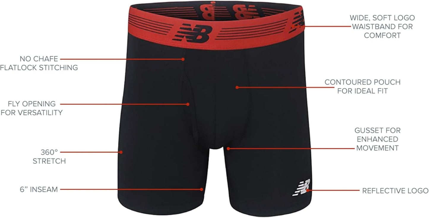 New Balance Men's Performance Boxer Briefs with Fly - Breathable Stretch Underwear, Moisture-Wicking, Soft Waistband (3-Pack)