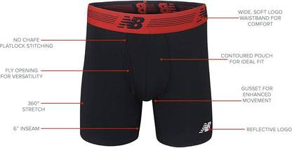 New Balance Men's Performance Boxer Briefs with Fly - Breathable Stretch Underwear, Moisture-Wicking, Soft Waistband (3-Pack)