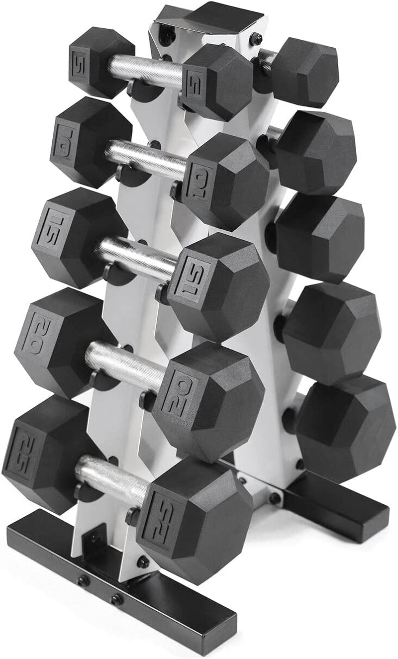Rubber Coated Hex Dumbbell Set (5-25 lbs) with Storage Rack - Non-Slip Design for Muscle Toning, Strength Training, and Weight Management - Various Options Available