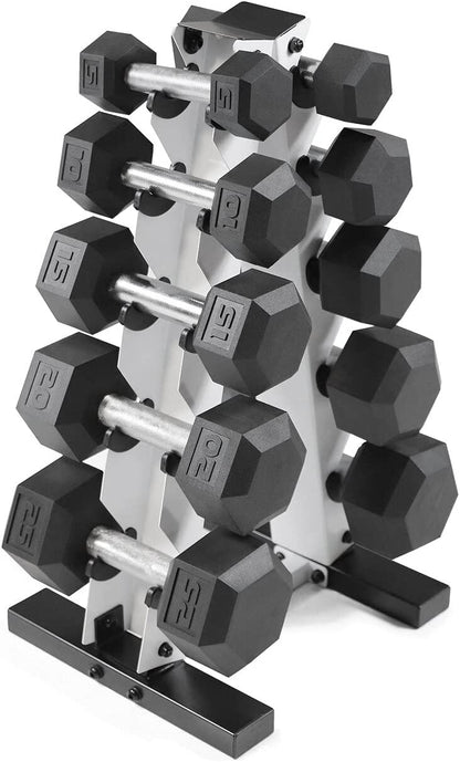 Rubber Coated Hex Dumbbell Set (5-25 lbs) with Storage Rack - Non-Slip Design for Muscle Toning, Strength Training, and Weight Management - Various Options Available