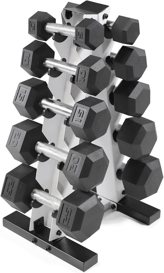 Rubber Coated Hex Dumbbell Set (5-25 lbs) with Storage Rack - Non-Slip Design for Muscle Toning, Strength Training, and Weight Management - Various Options Available