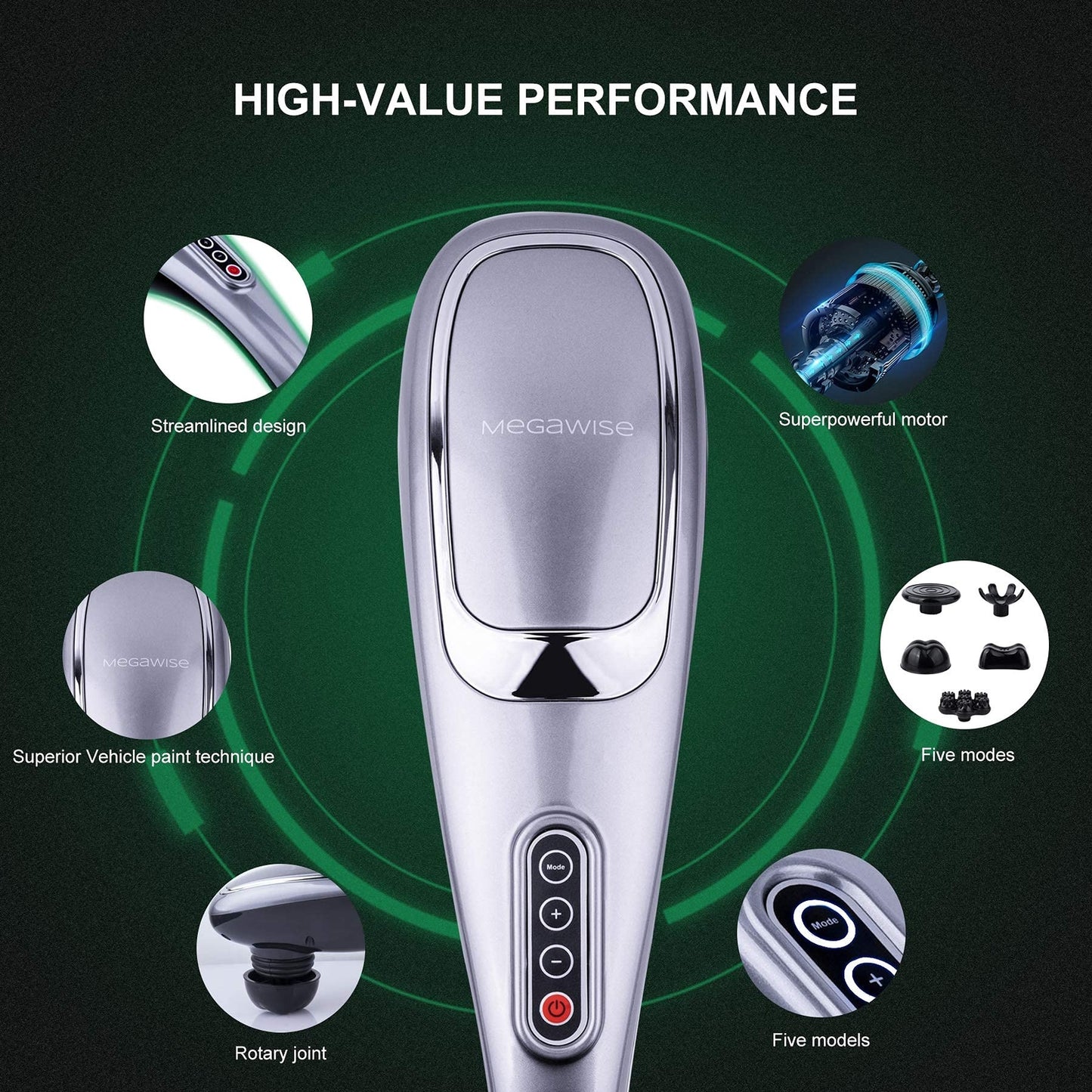 Ergonomic Handheld Deep Tissue Massager with 5 Speeds and 5 Modes, 3600 RPM Quiet Operation