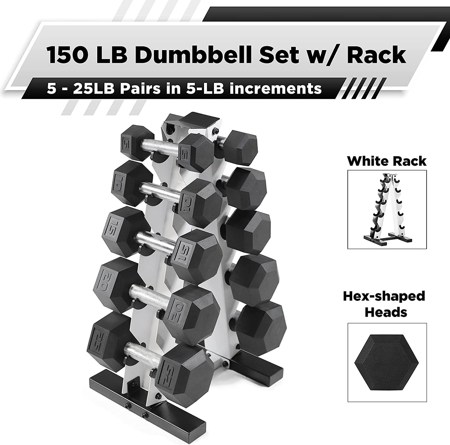 Rubber Coated Hex Dumbbell Set (5-25 lbs) with Storage Rack - Non-Slip Design for Muscle Toning, Strength Training, and Weight Management - Various Options Available