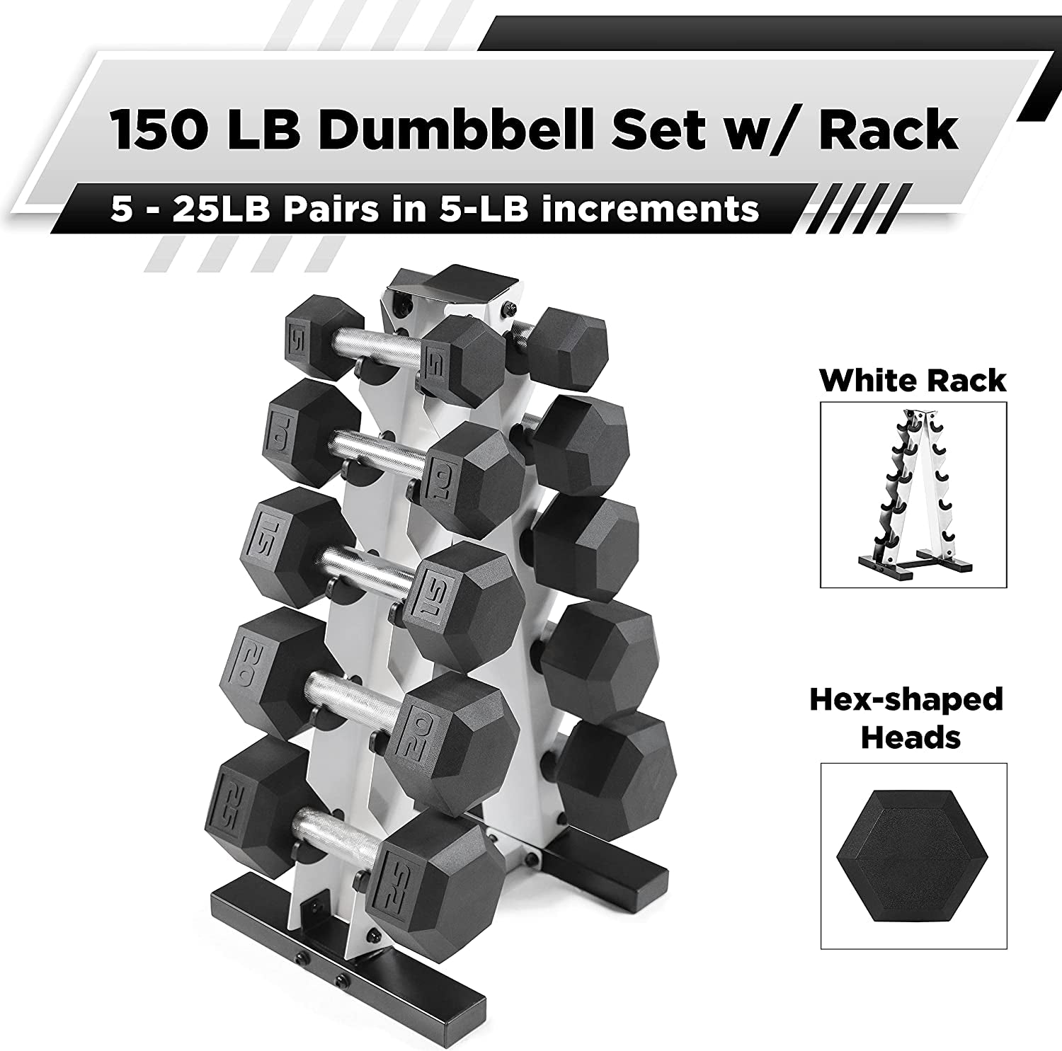 Rubber Coated Hex Dumbbell Set (5-25 lbs) with Storage Rack - Non-Slip Design for Muscle Toning, Strength Training, and Weight Management - Various Options Available