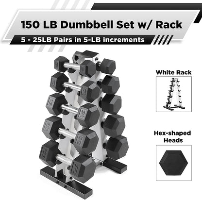 Rubber Coated Hex Dumbbell Set (5-25 lbs) with Storage Rack - Non-Slip Design for Muscle Toning, Strength Training, and Weight Management - Various Options Available